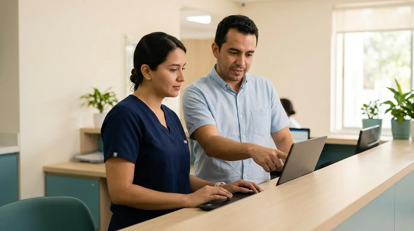Foto ilustrativa: dos integrantes del equipo de una clínica revisan un caso en un computador portátil
