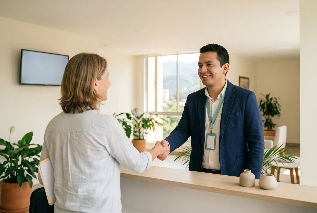 Foto ilustrativa: un coordinador recibe a una paciente internacional en la recepción de una clínica